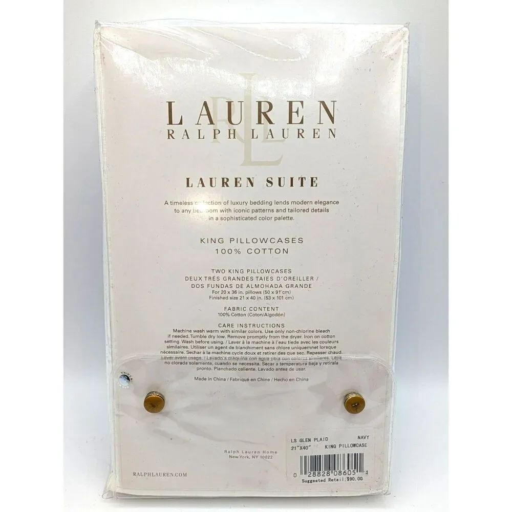 VTG Lauren Ralph Lauren Suite Two King Pillowcases Navy LS Glen Plaid 21x40 in